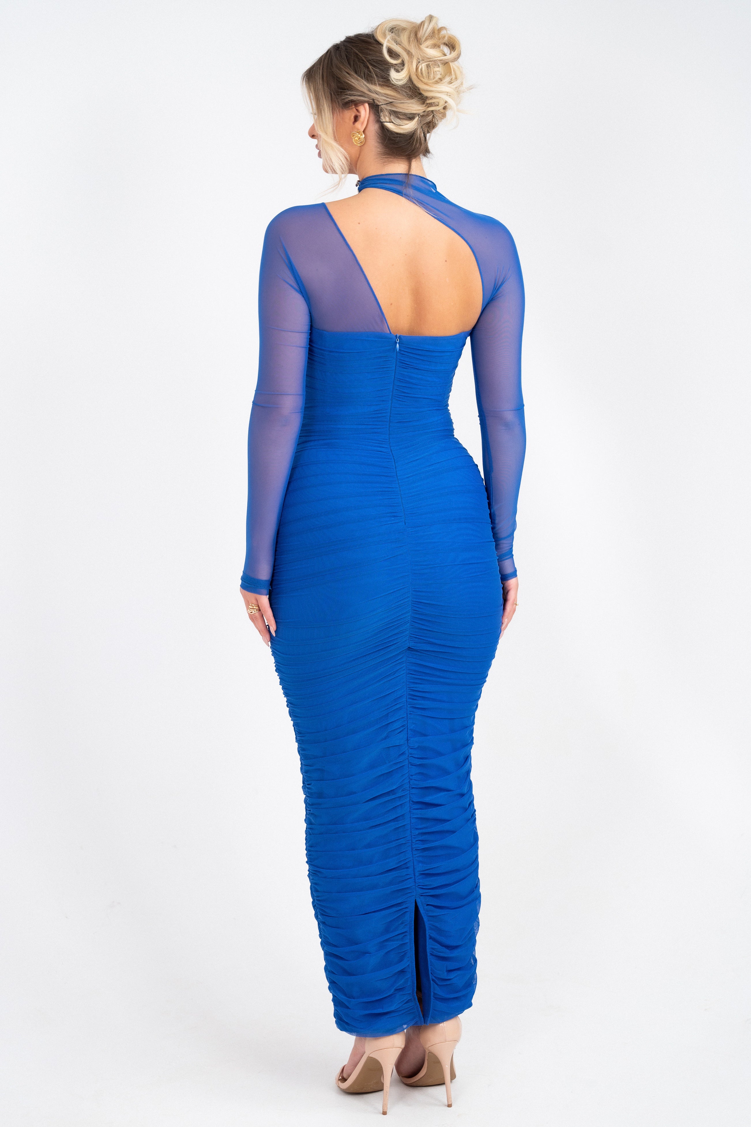 Stylish royal blue dress featuring an asymmetrical cut and delicate mesh detailing