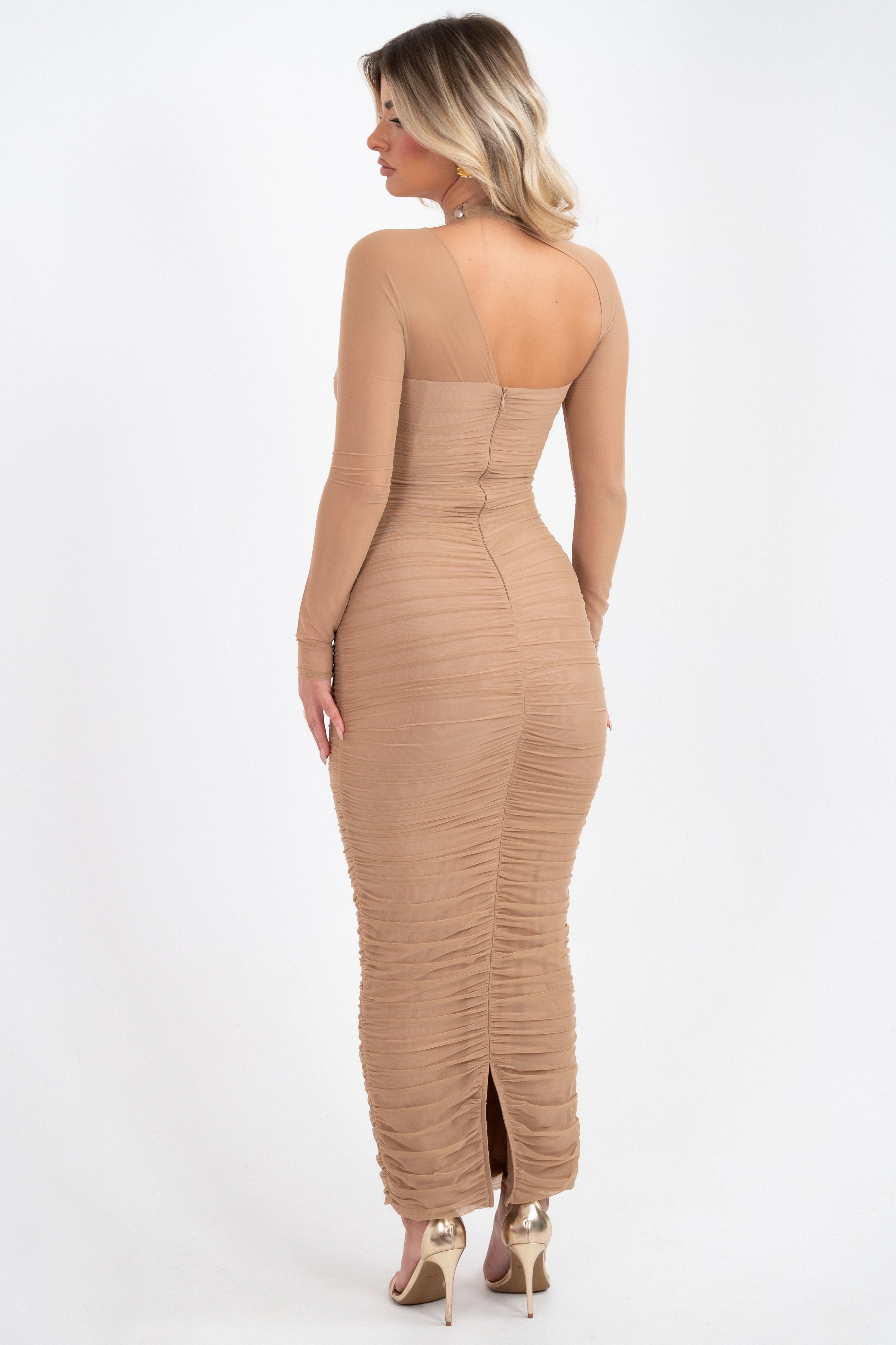 Sophisticated taupe gown featuring mesh detailing