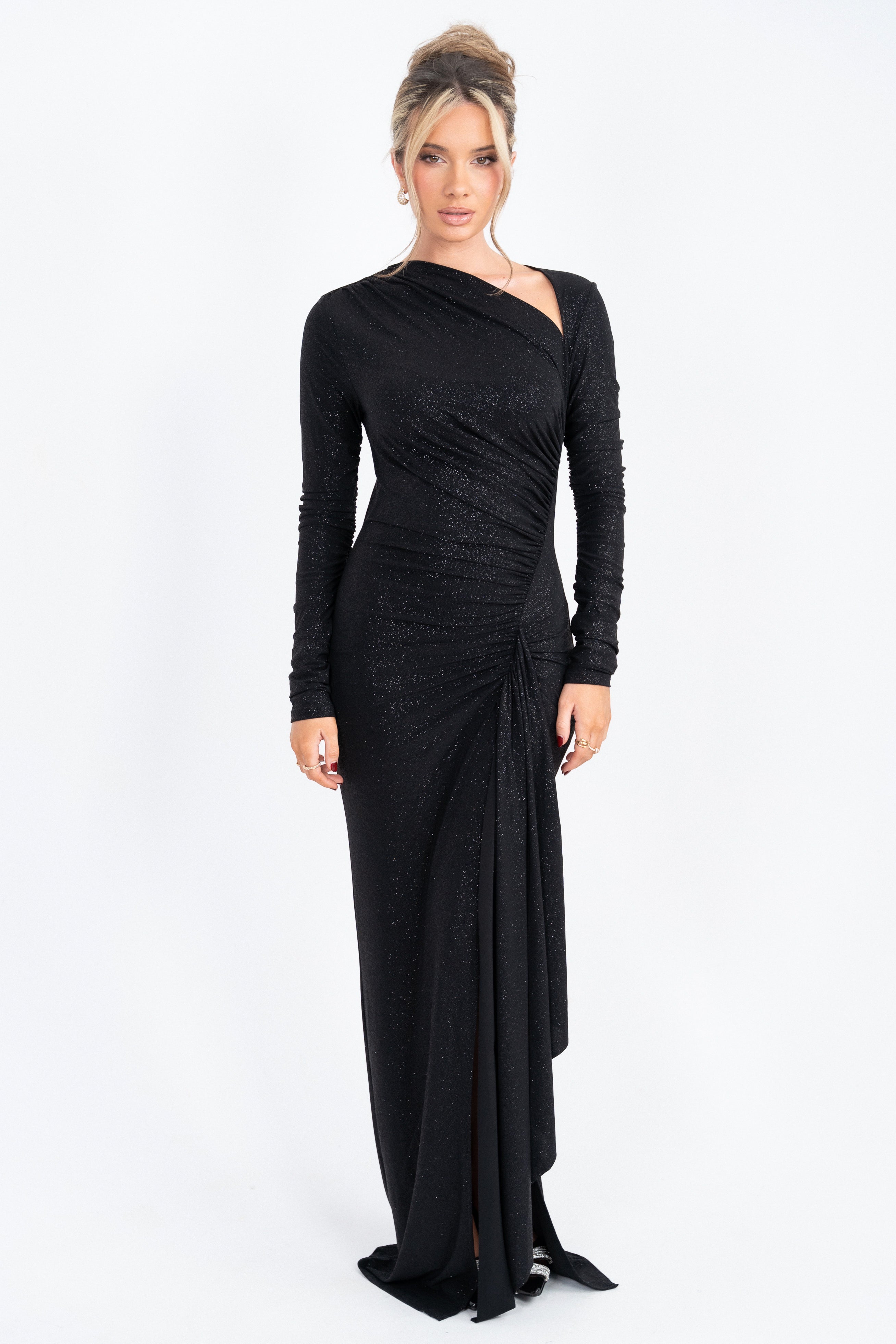 Sophisticated black glitter dress with a unique asymmetrical neckline and ruched accents