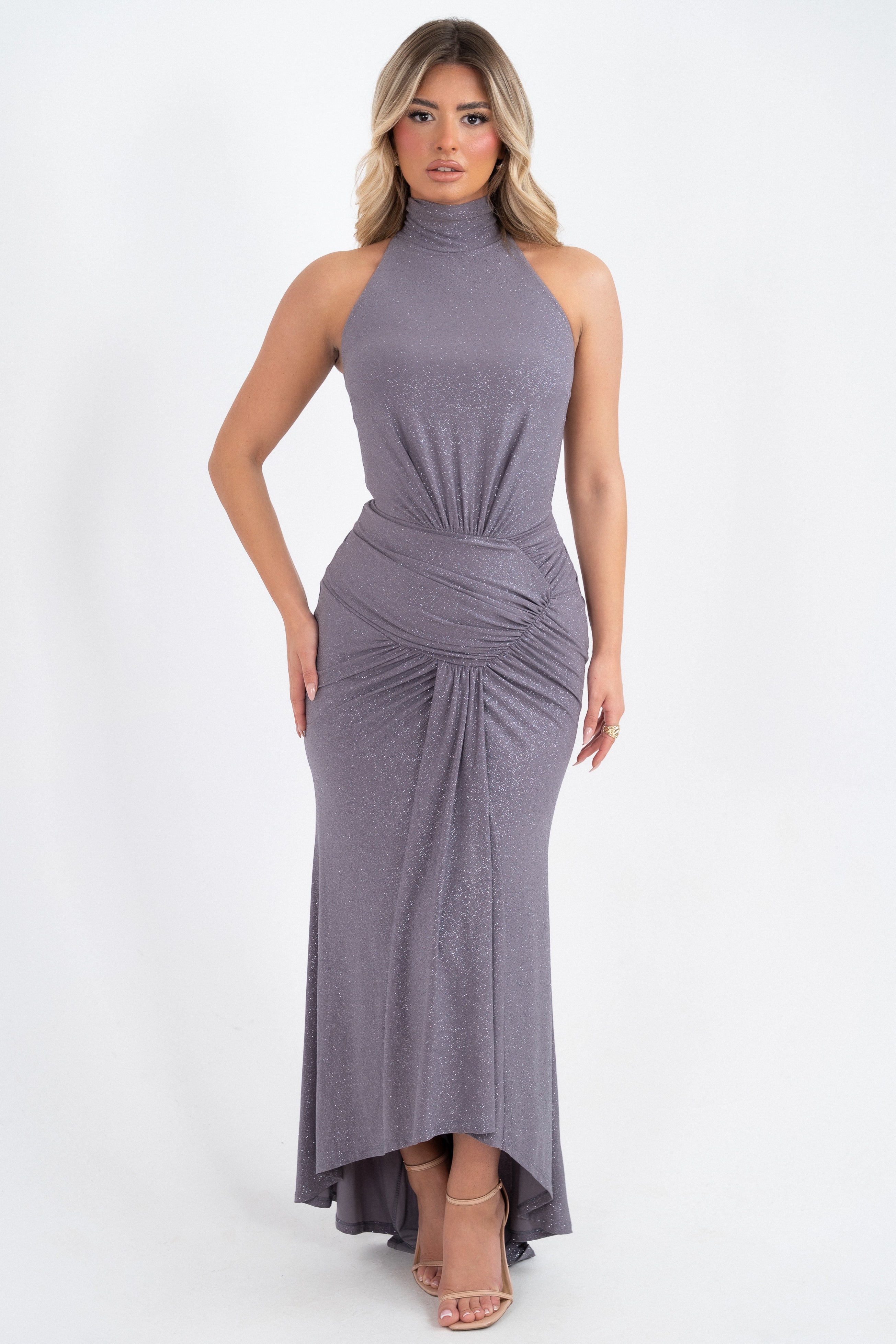 Sophisticated Silver Glitter dress with shimmering details and a draped ruched design