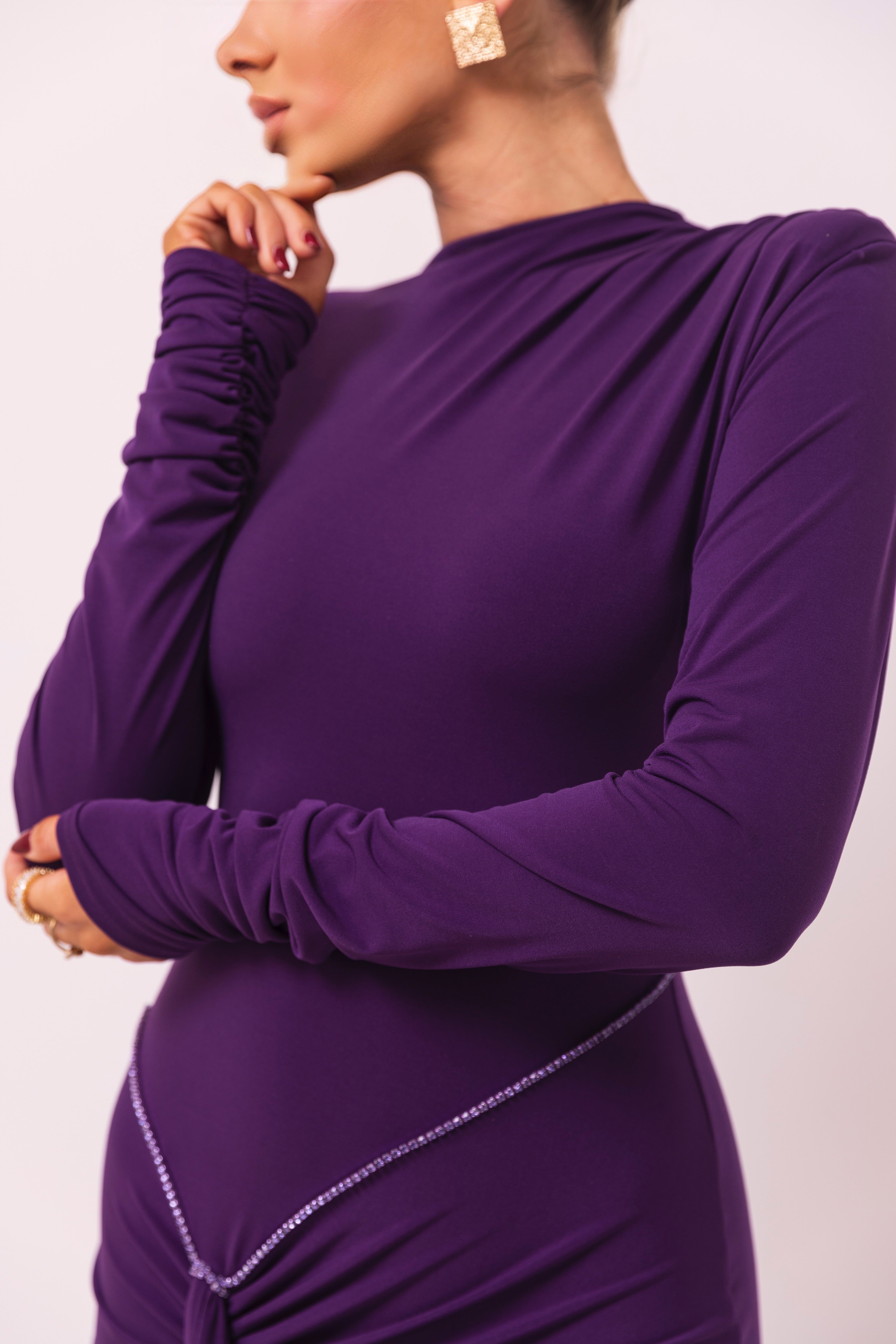 Fitted purple dress with long sleeves and subtle rhinestone detailing at the waist.